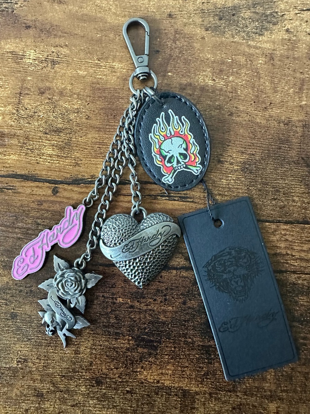 Ed Hardy Silver Black & Pink Heart & Skull Bag Charm Keychain with Logo NWT